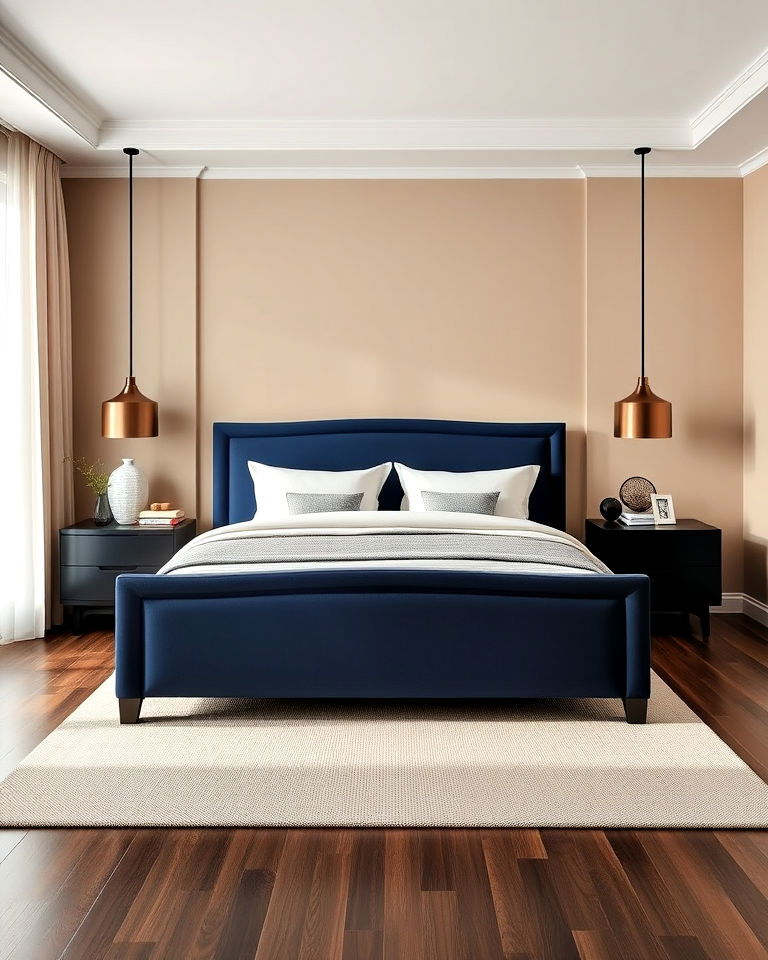 bold navy blue bed frame with beige walls