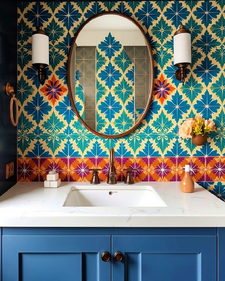 bold patterned cement tiles backsplash