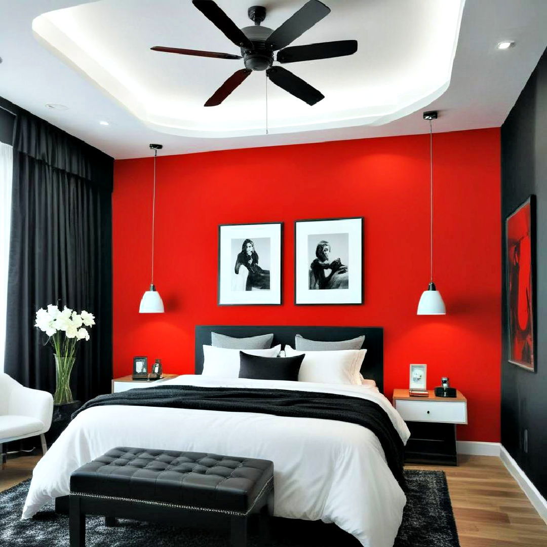 bold red accent wall with black and white bedroom decor