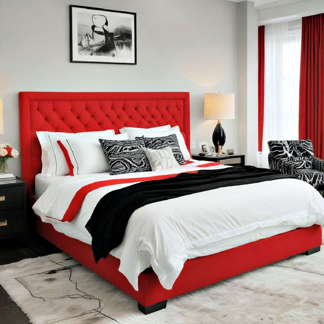 bold red bed frame with black and white bedding