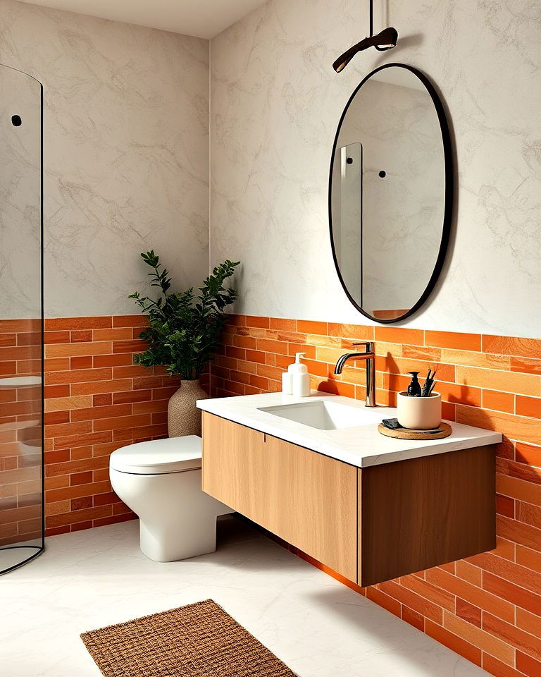 bold terracotta backsplash for the vanity