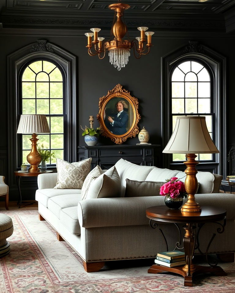 brass and iron accents living room