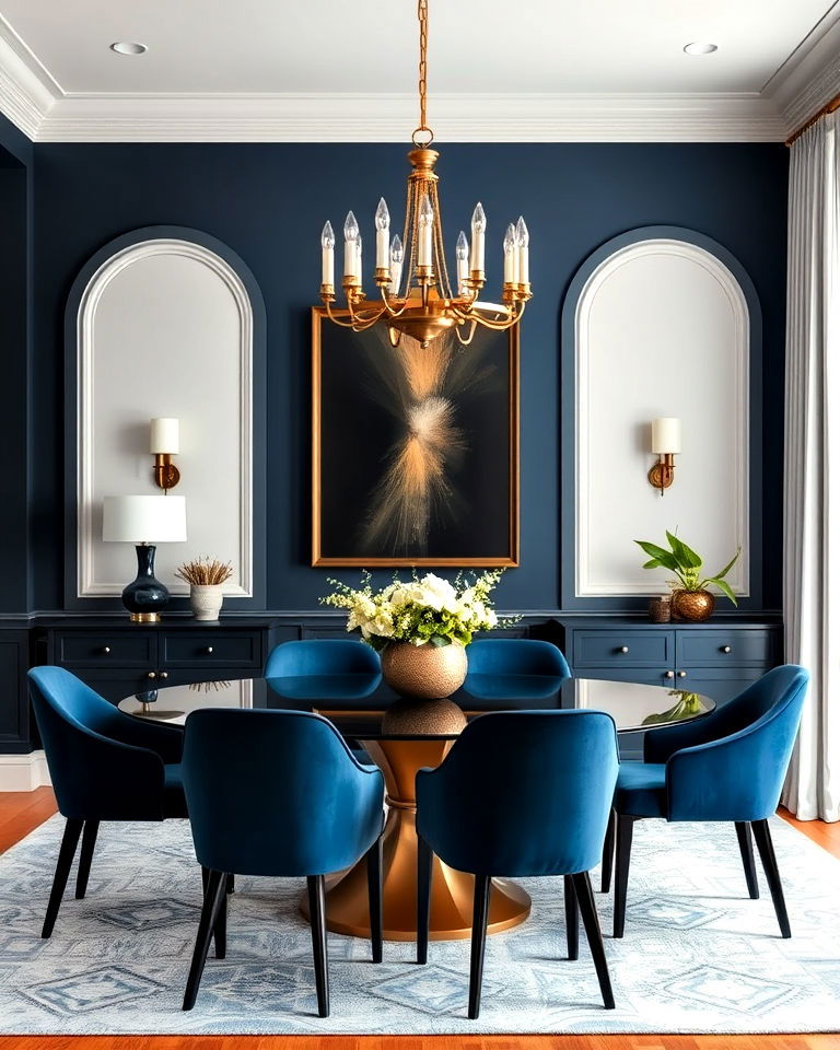 brass chandelier for a navy blue dining room