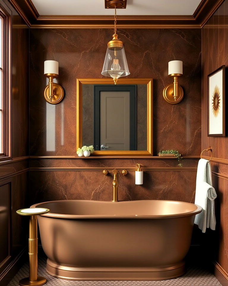 brass fixtures to add elegance to a brown bathroom