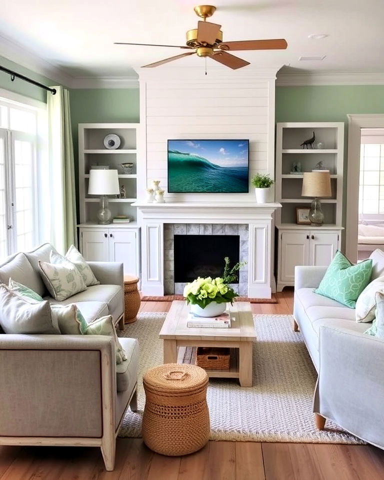 breezy coastal inspired green and grey living room
