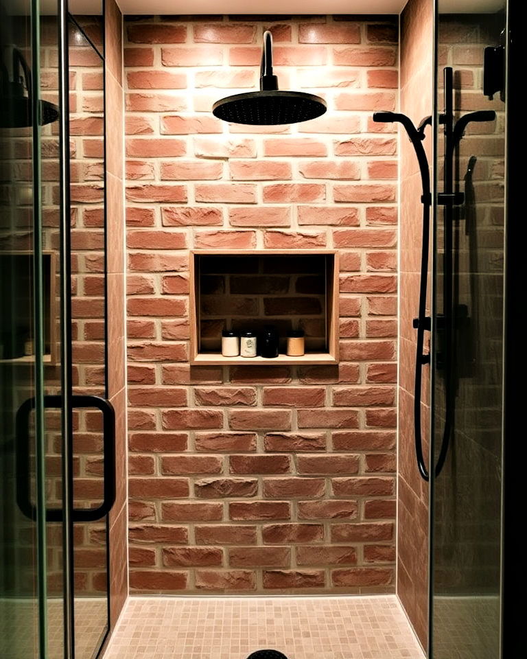 brick accent wall in shower