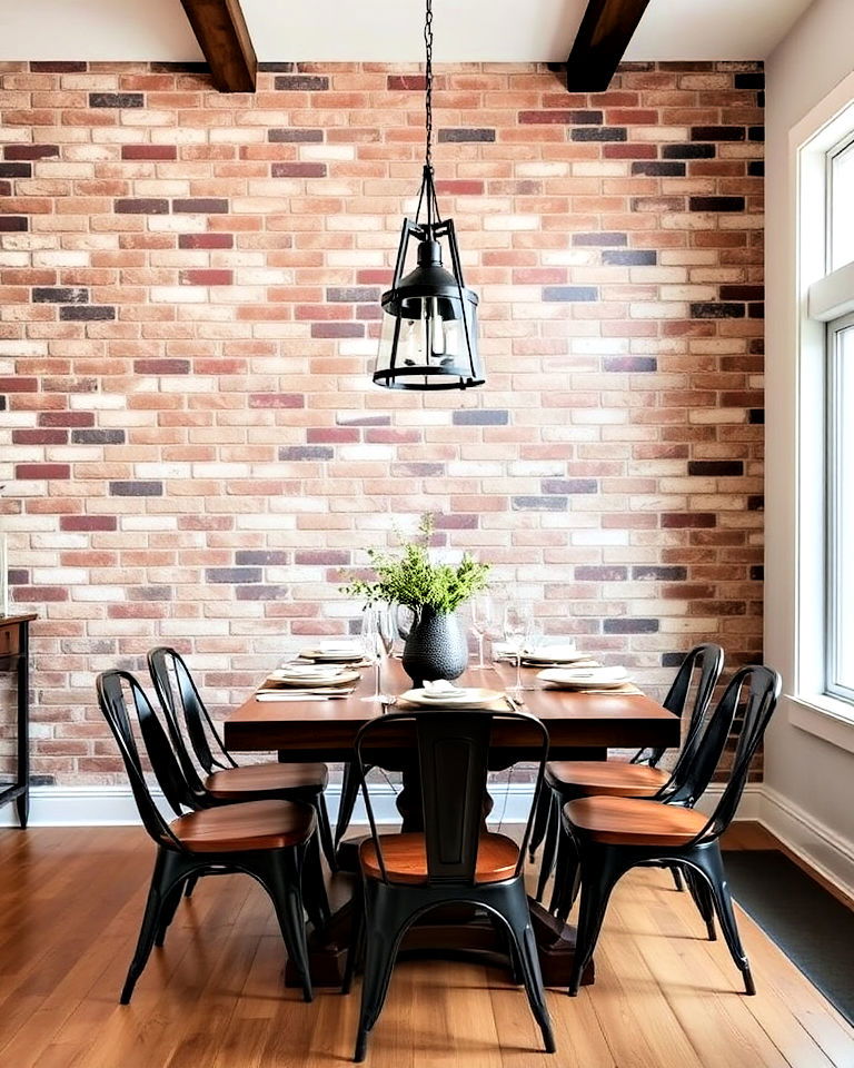 brick accent wall in the dining room