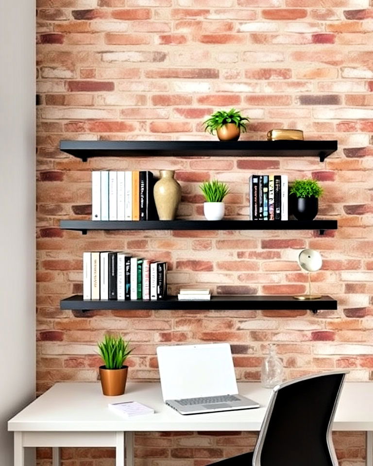 brick accent wall with floating shelves for home office