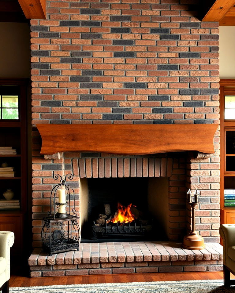 brick and wood craftsman fireplace