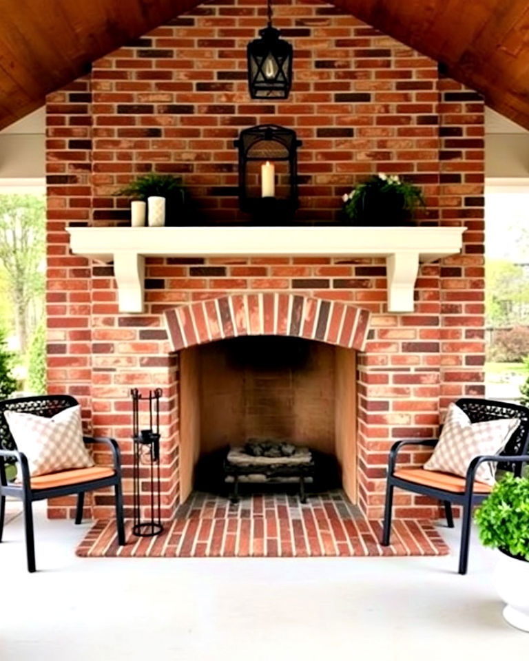 brick fireplace with a mantel for any porch