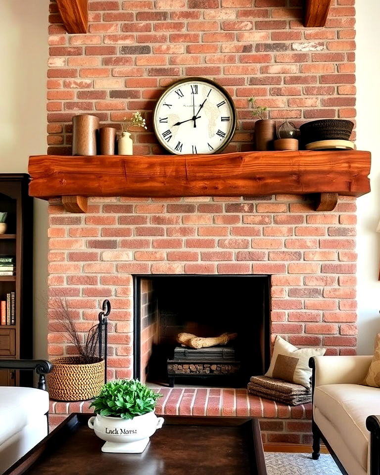 brick fireplace with a rustic beam mantel