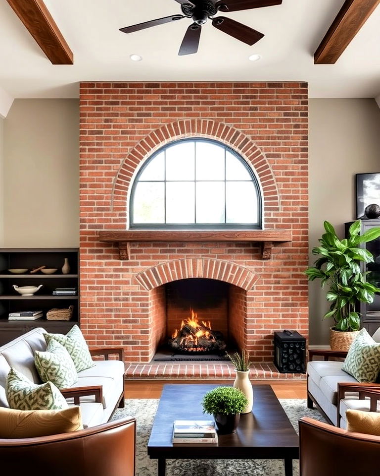 brick fireplace with arched opening