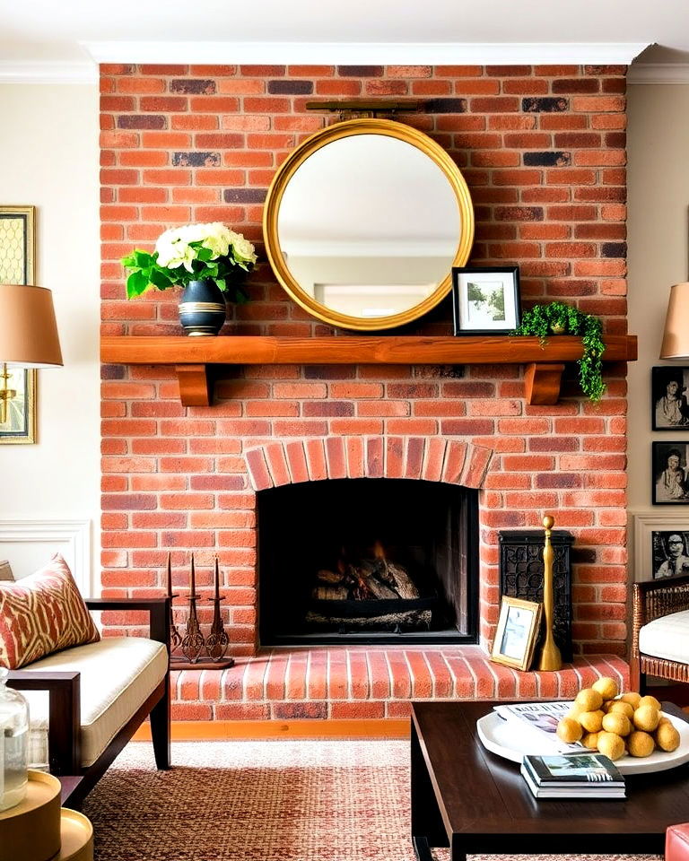 brick fireplace with brass accents