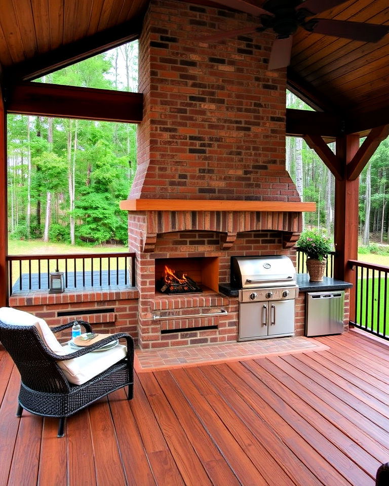 brick fireplace with built in grill for deck