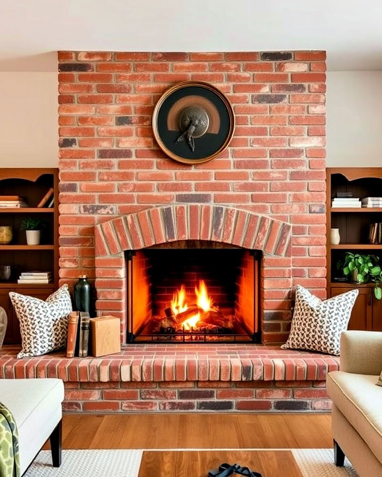 brick fireplace with built in seating