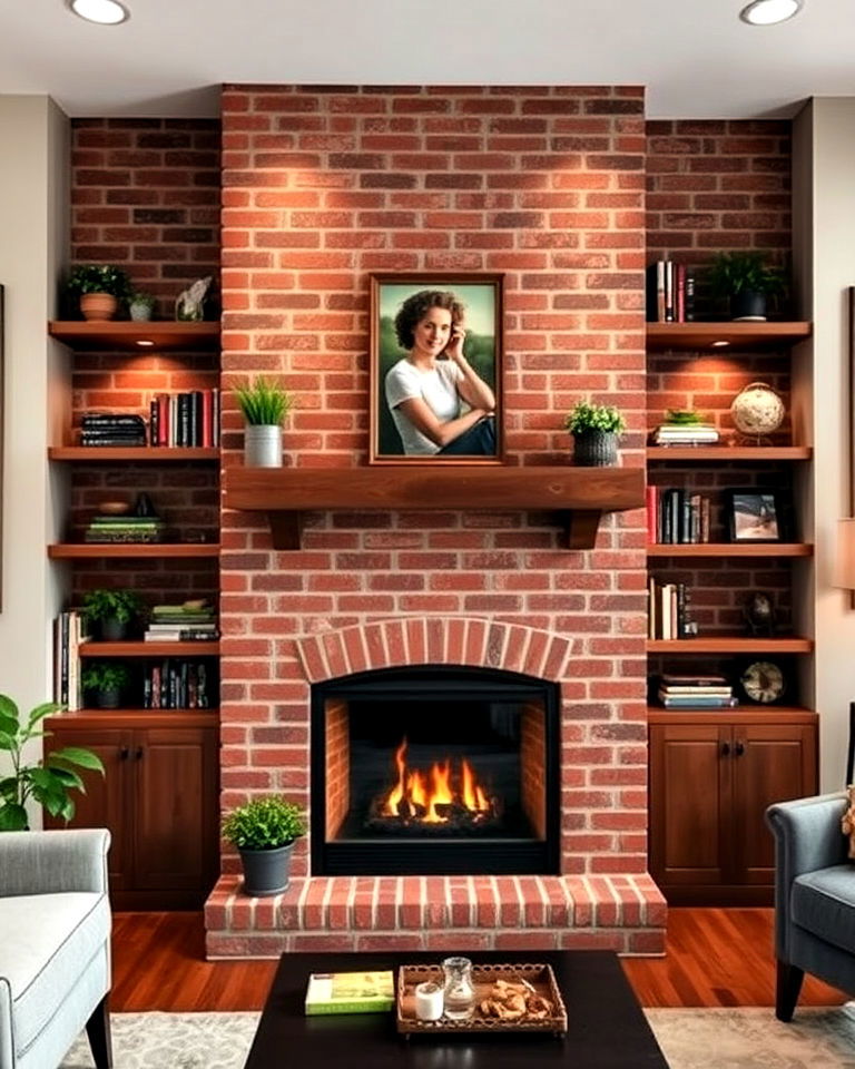 brick fireplace with built in shelves