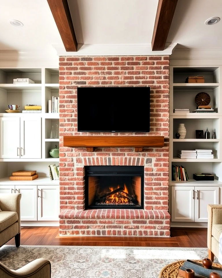 brick fireplace with built in storage