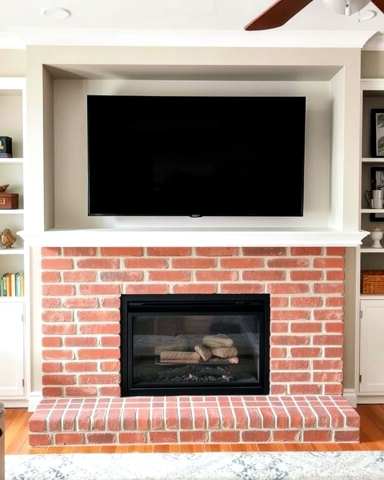 brick fireplace with built in tv niche