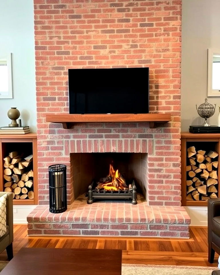 brick fireplace with built in wood storage