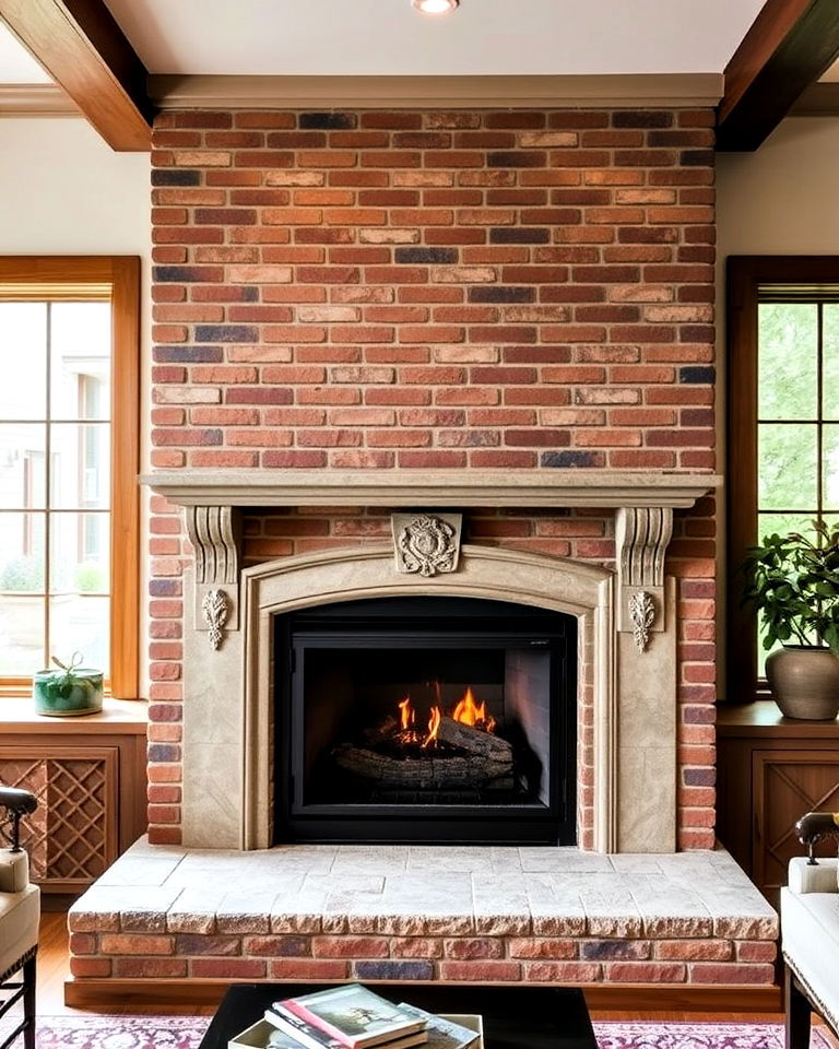 brick fireplace with cast stone surround