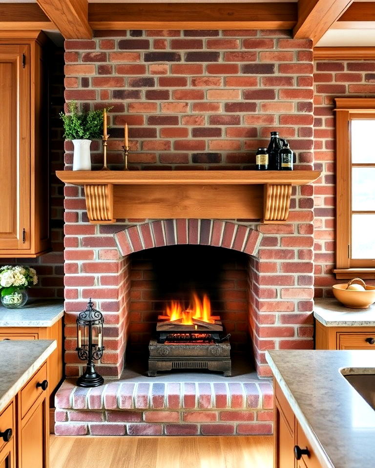 brick fireplace with classic mantel for traditional kitchens