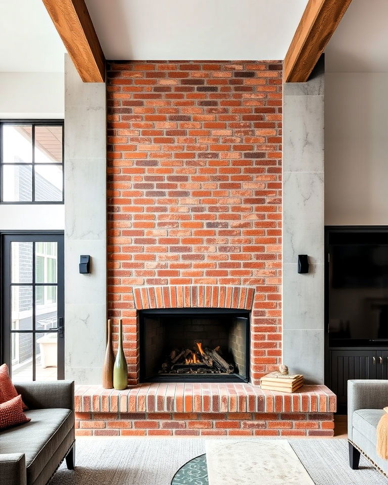 brick fireplace with concrete surround