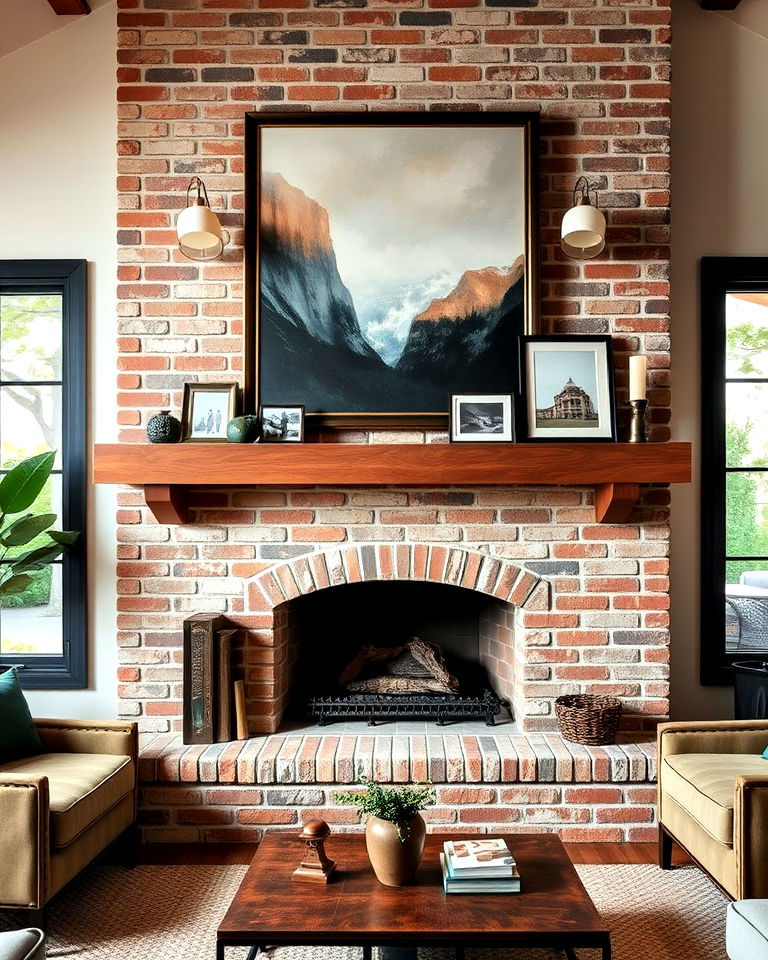 brick fireplace with custom mantel art