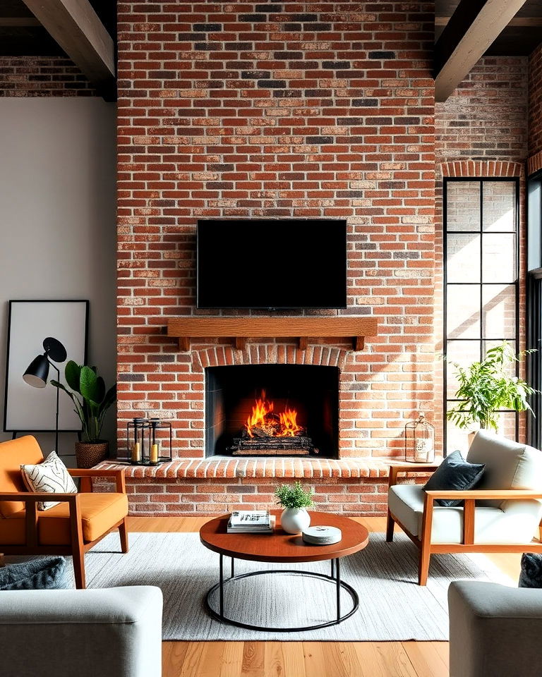 brick fireplace with exposed mortar