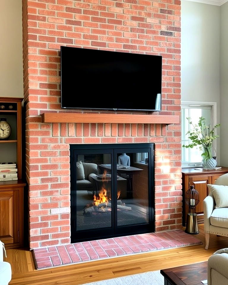 brick fireplace with glass doors