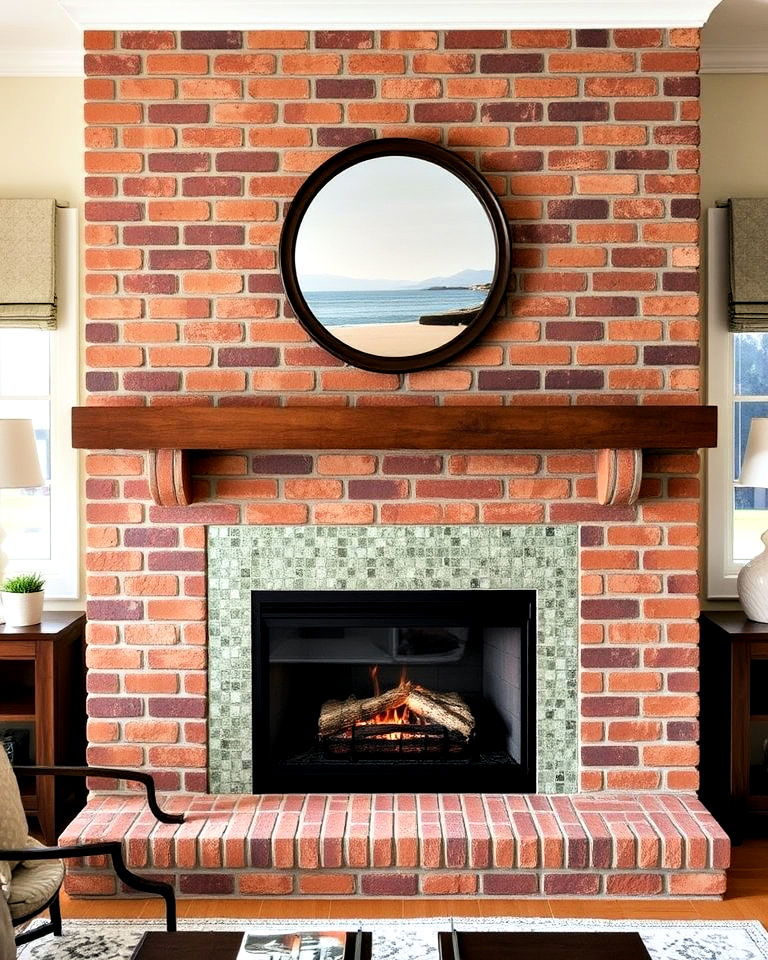 brick fireplace with glass tile surround