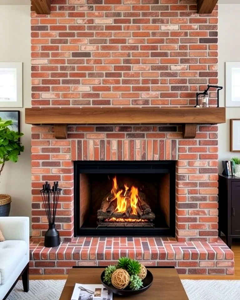 brick fireplace with herringbone pattern