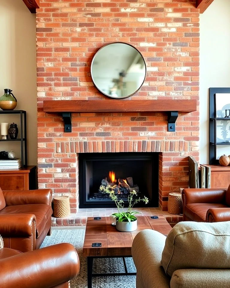 brick fireplace with industrial accents