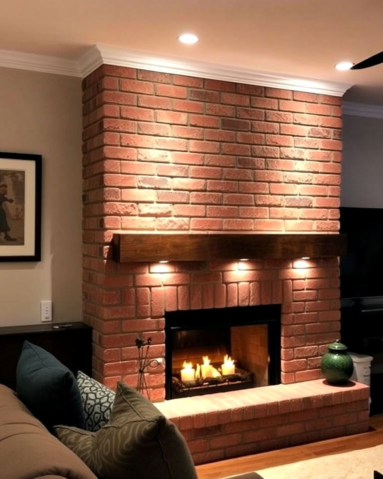 brick fireplace with mantel lighting