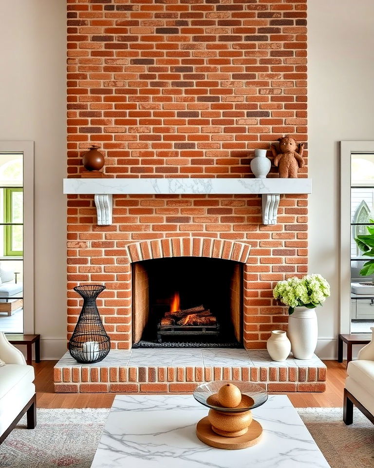 brick fireplace with marble mantel