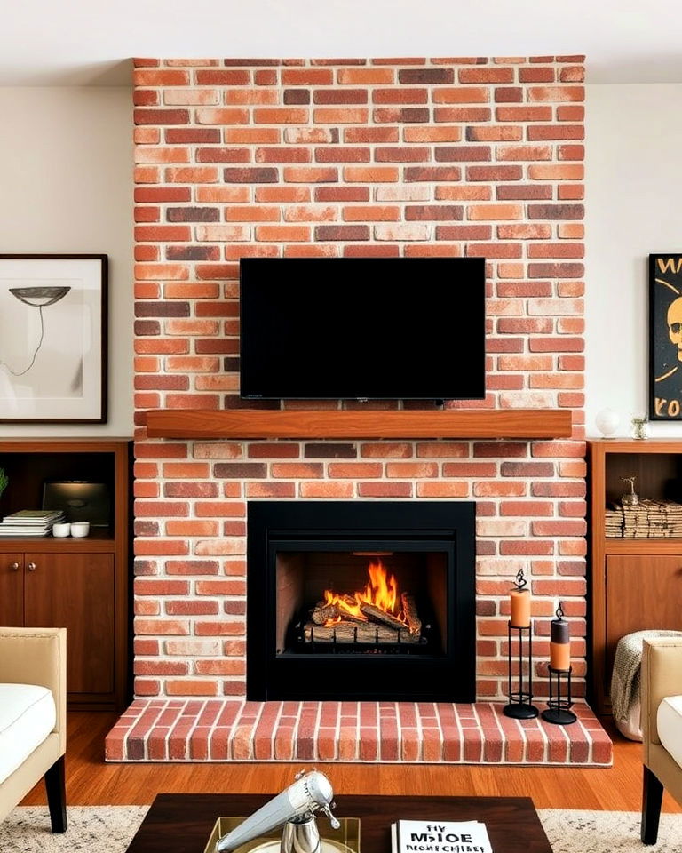 brick fireplace with modern insert