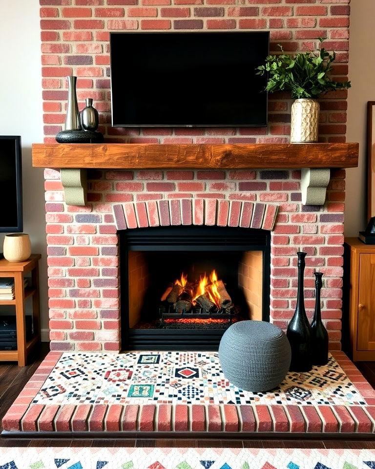 brick fireplace with mosaic tile hearth