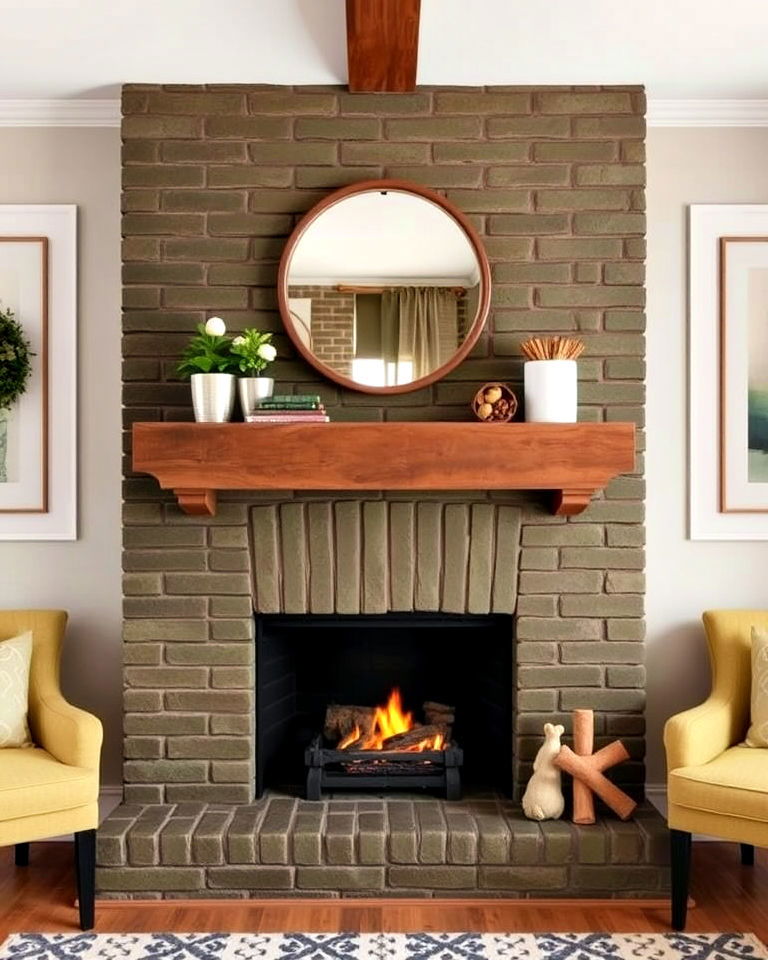 brick fireplace with olive green paint