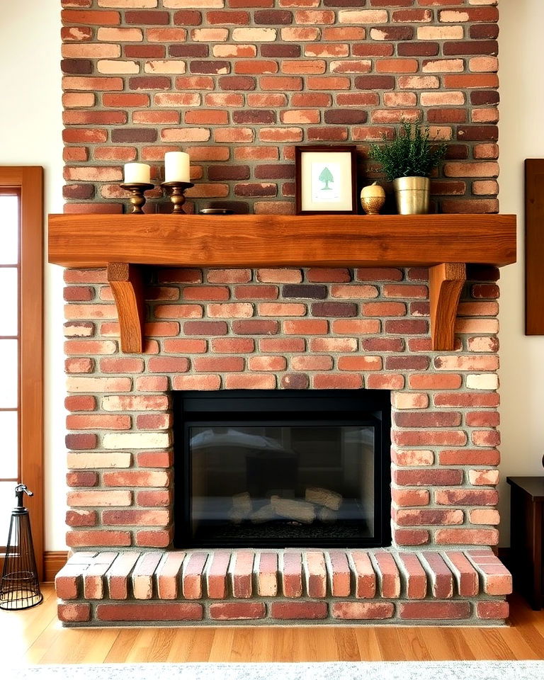 brick fireplace with reclaimed wood mantel