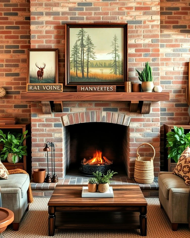 brick fireplace with rustic artwork living room