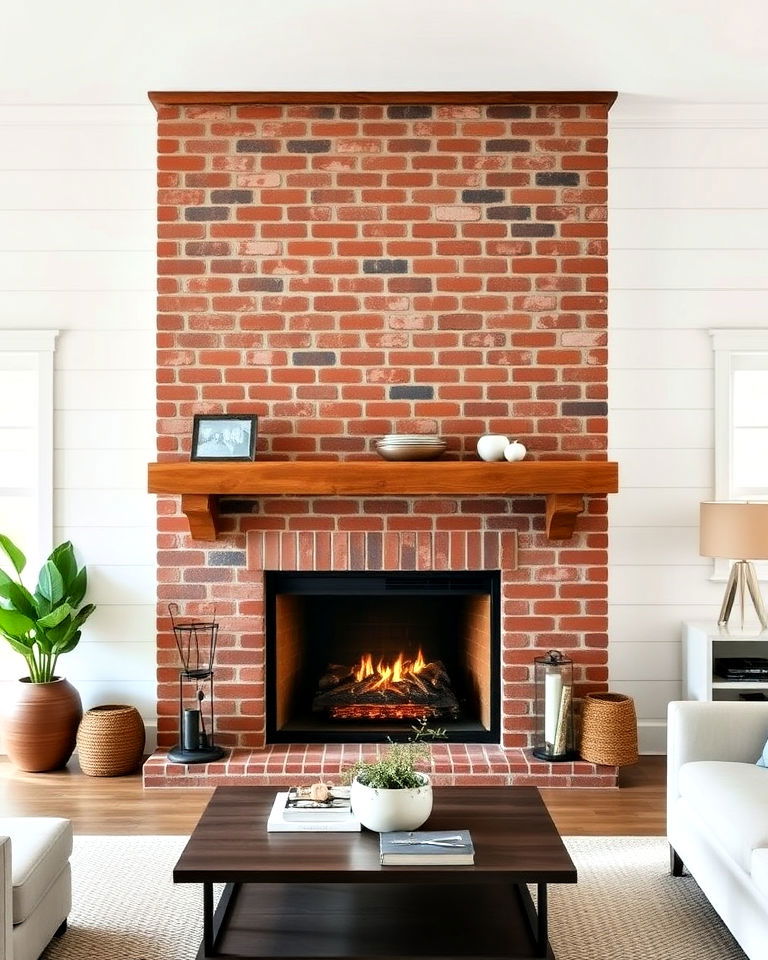 brick fireplace with shiplap surround