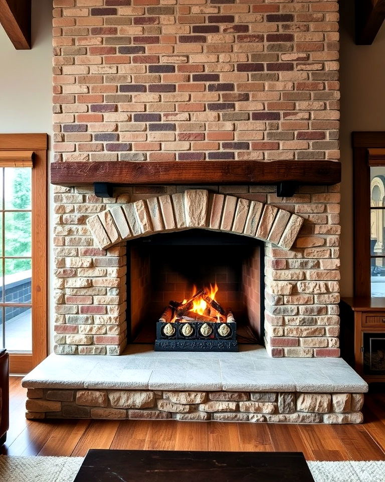 brick fireplace with stone accents