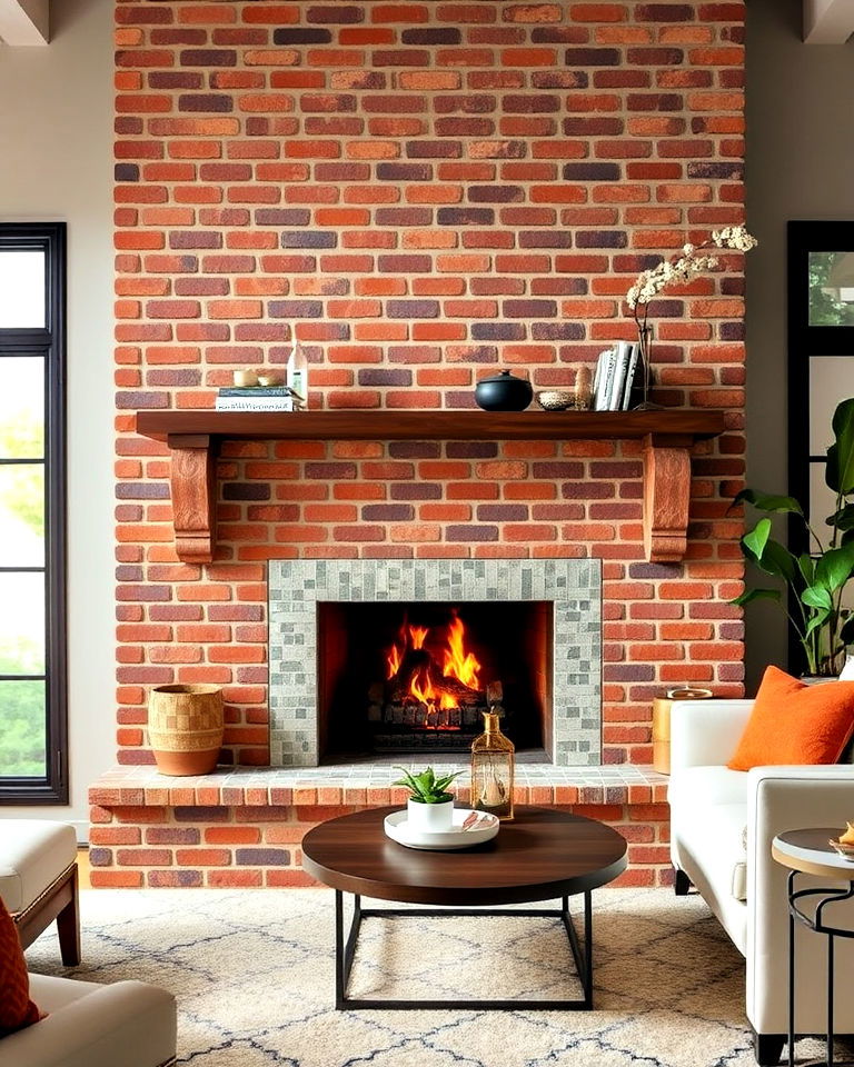 brick fireplace with tile accents