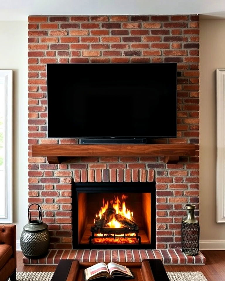 brick fireplace with tv mounted above