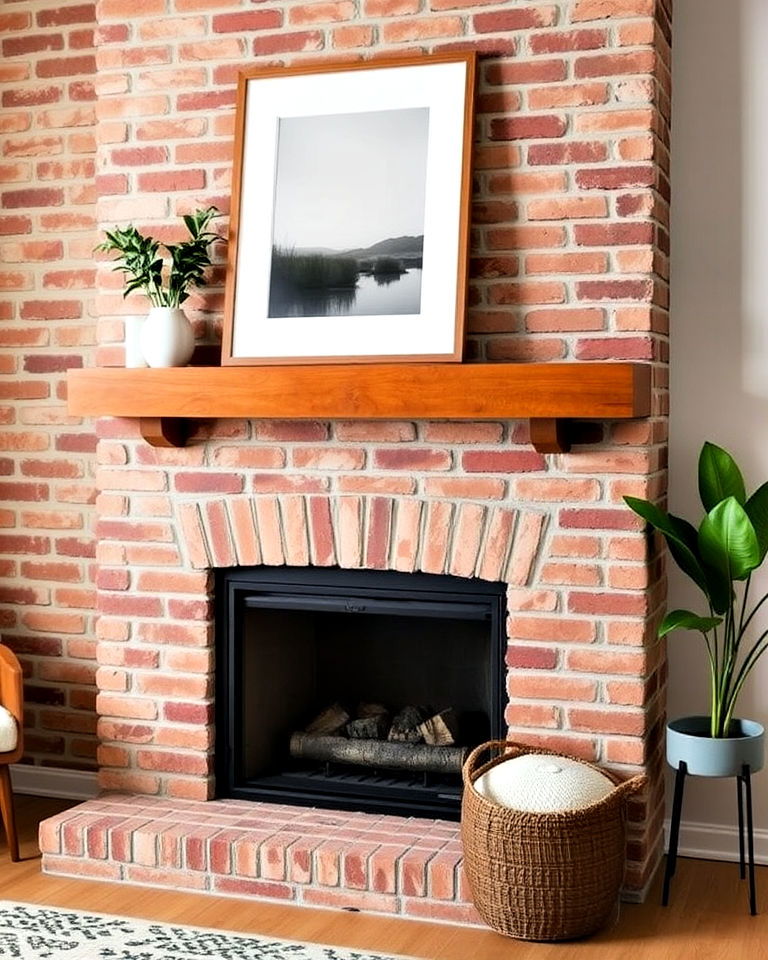 brick fireplace with wood mantel