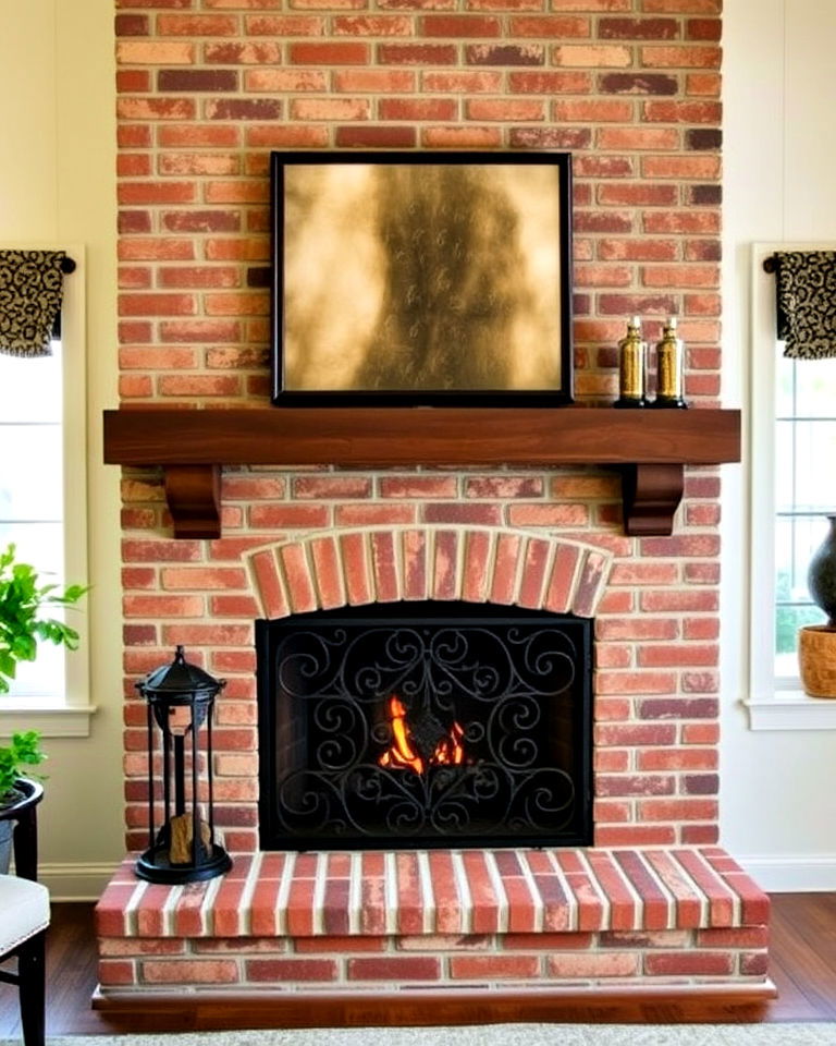 brick fireplace with wrought iron screen