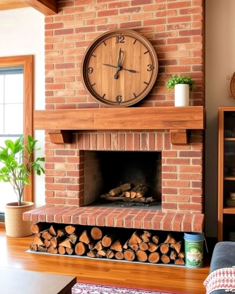 brick hearth with built in wood storage