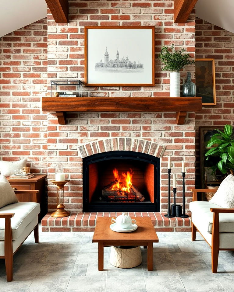 brick look porcelain tile fireplace idea