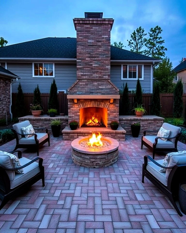 herringbone brick patterned stamped concrete patio with a fireplace