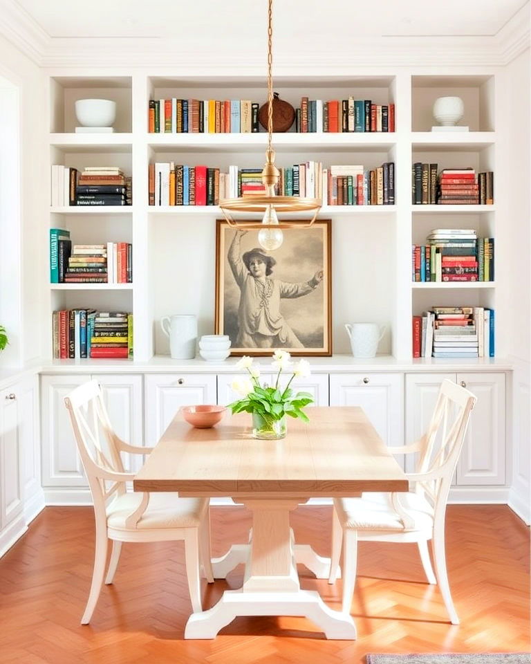 bright and airy dining room with white shelves