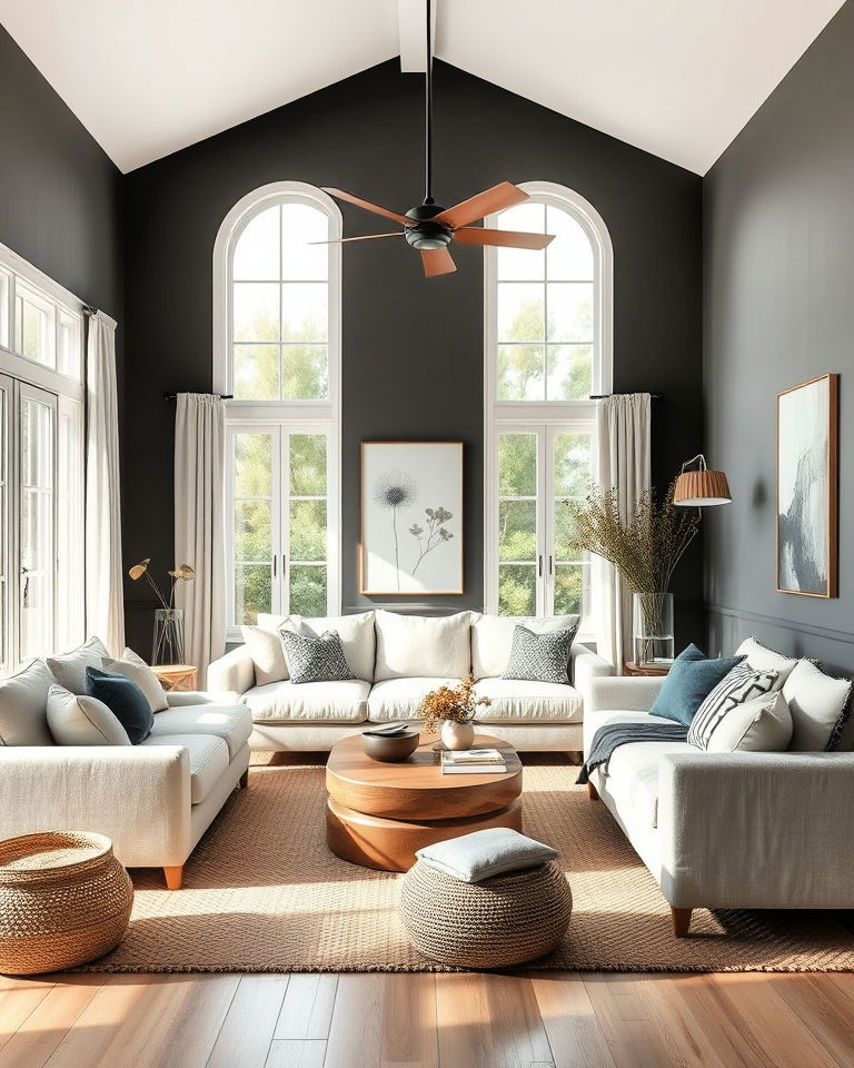 bright and airy living room with dark grey and natural textures